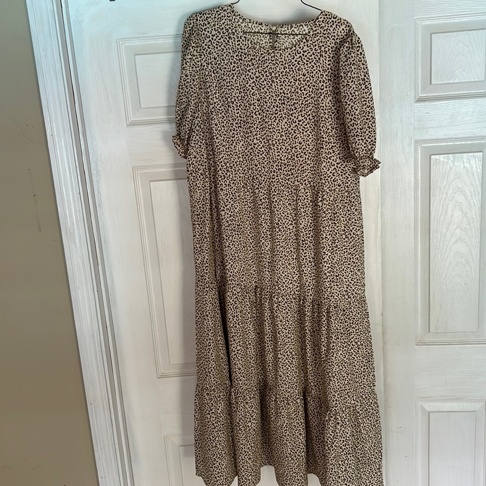 Beige and Brown Leopard Printed Tiered Midi Dress